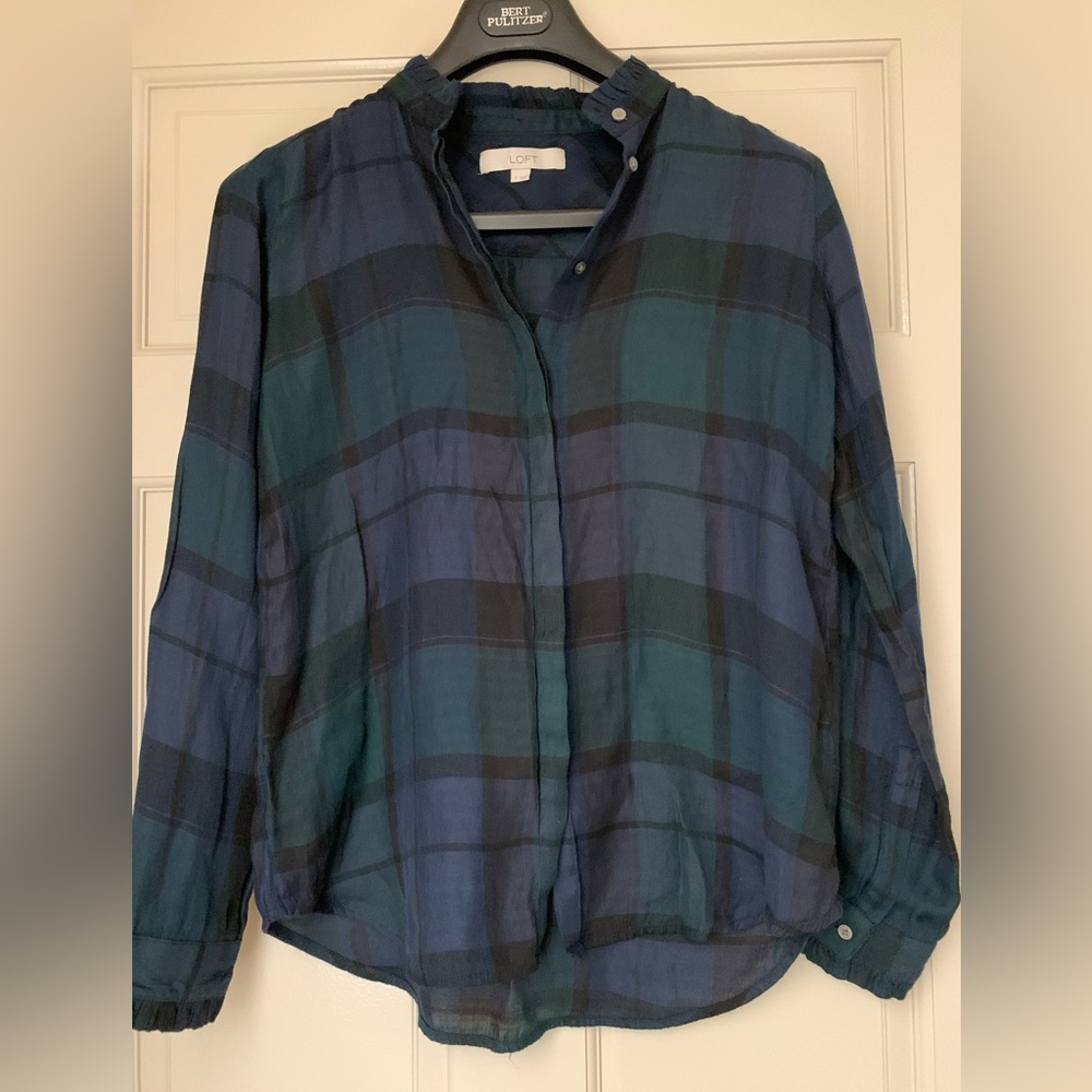 LOFT Navy and Green Plaid Shirt